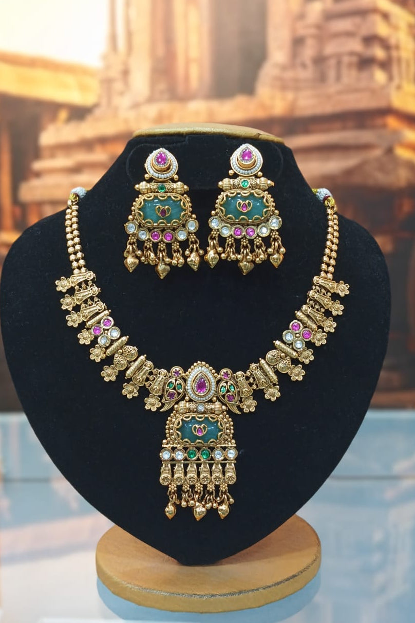 Gold Plated Heritage collection Necklace Set with pachi kundan and kempu stones