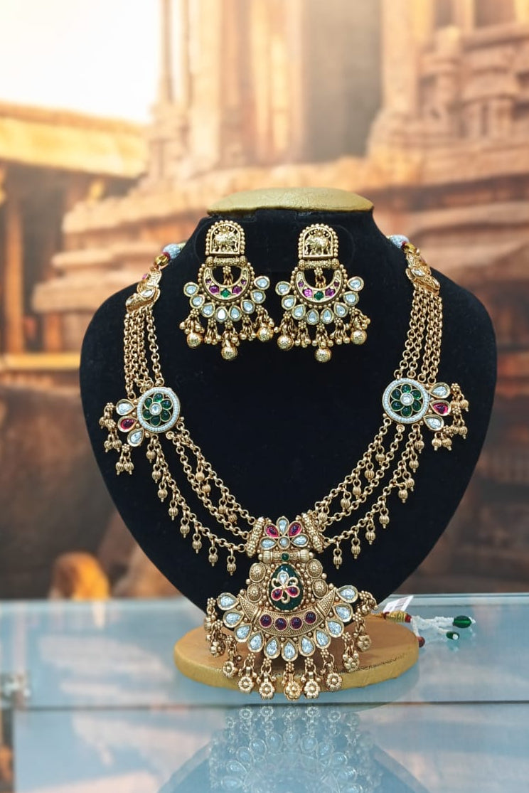 Gold Plated Heritage collection Necklace Set with real kundan and kempu stones