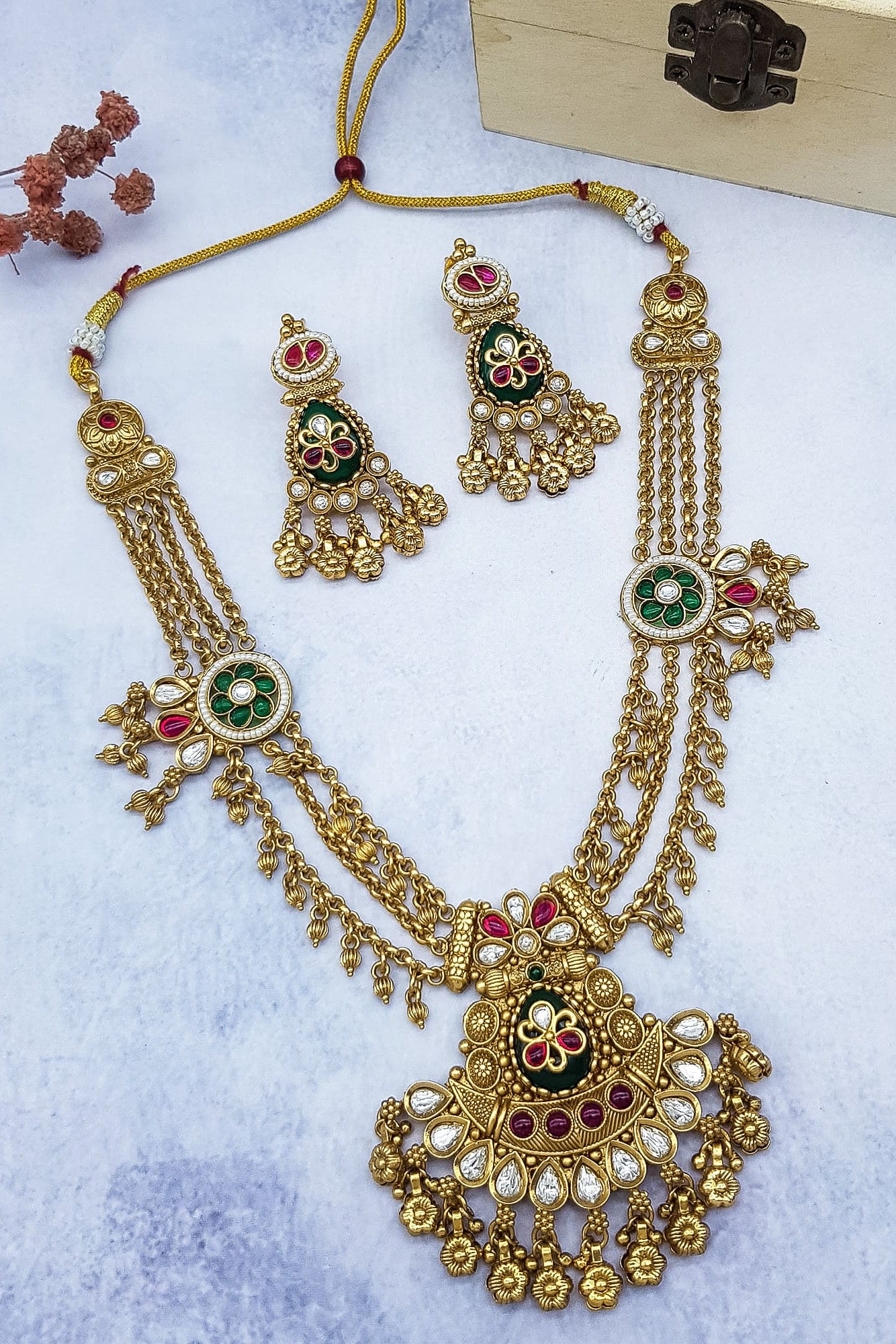 Gold Plated Heritage collection Necklace Set with real kundan and kempu stones