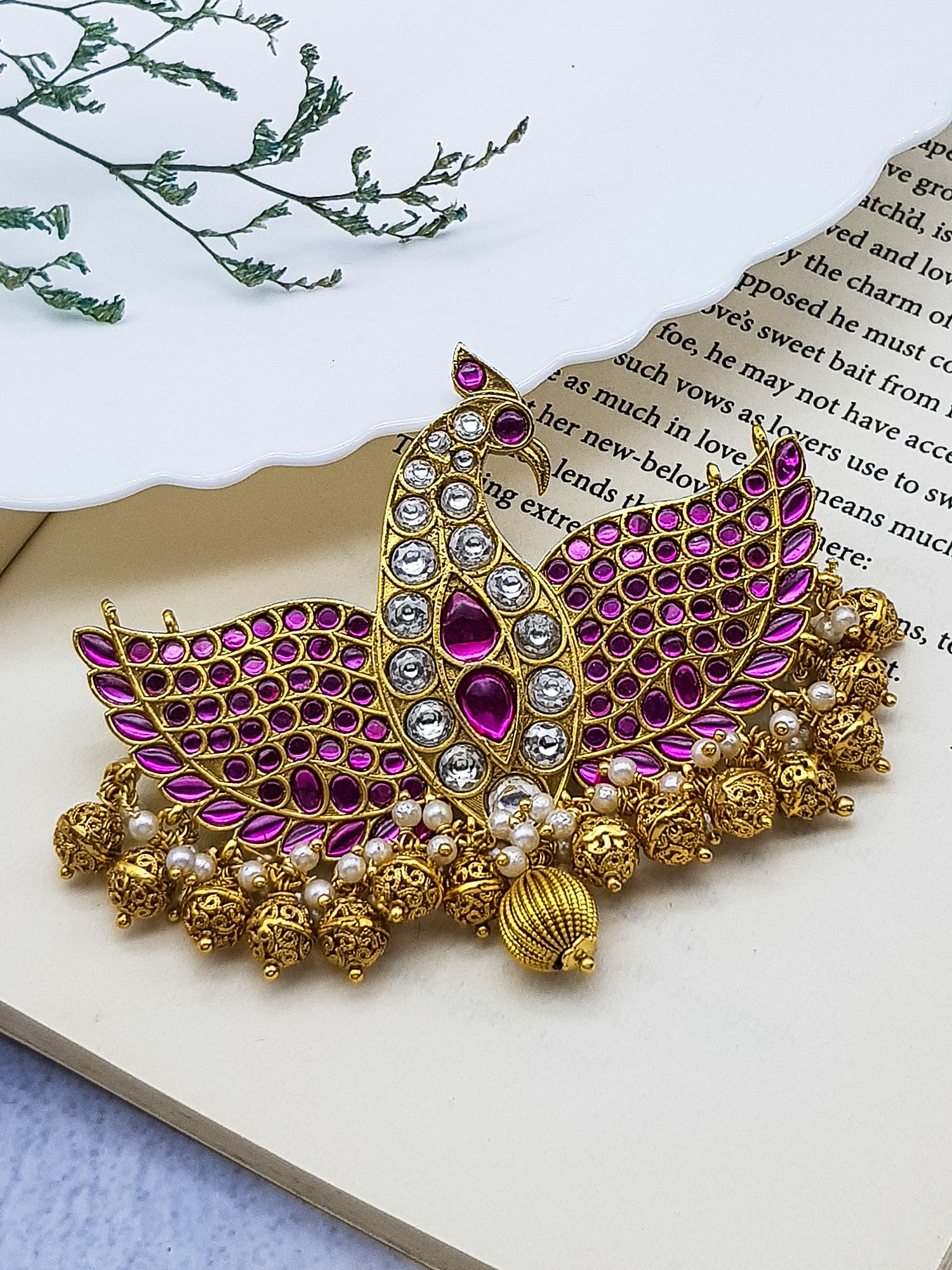 Premium Gold Plated Reversible Jadau Ganda Barunda Pendant with Real Kemp Stones (Green and Red)