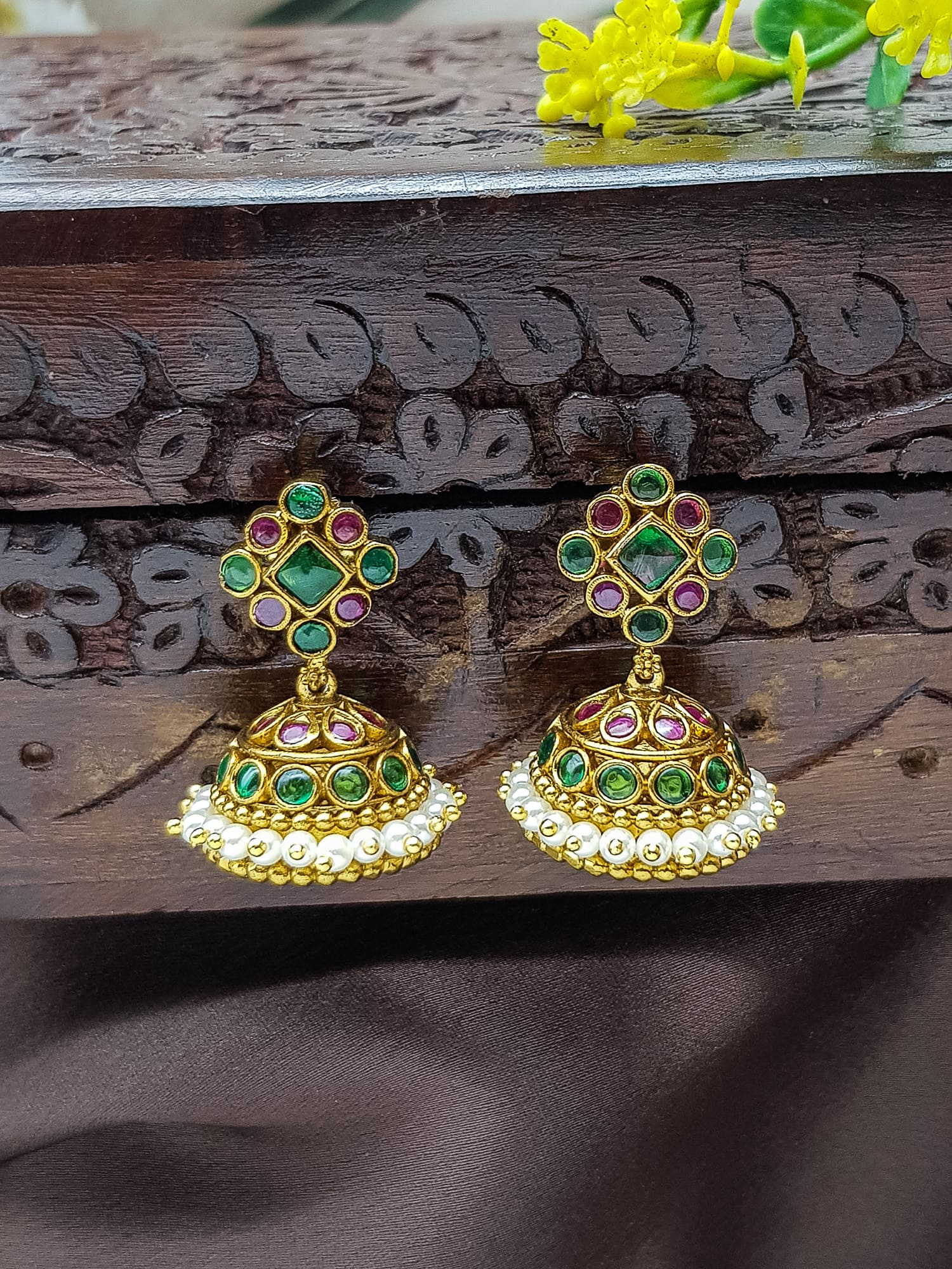 Premium gold plated Antique Jhumki / Earring with Kemp Stones