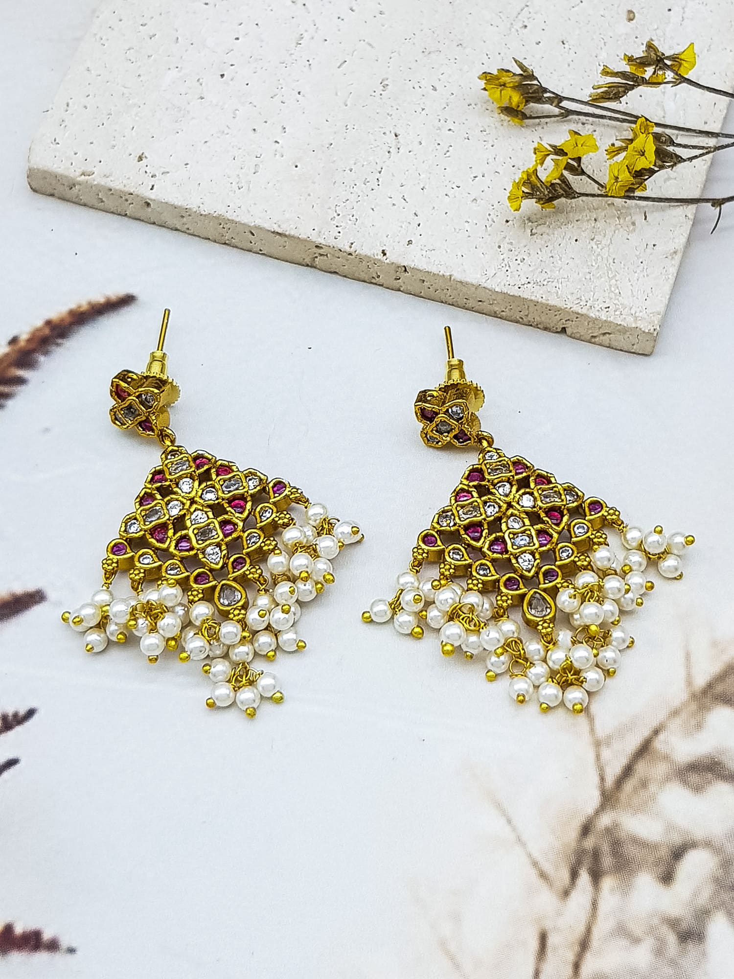 Premium gold plated Antique Jhumki / Earring with Kemp Stones