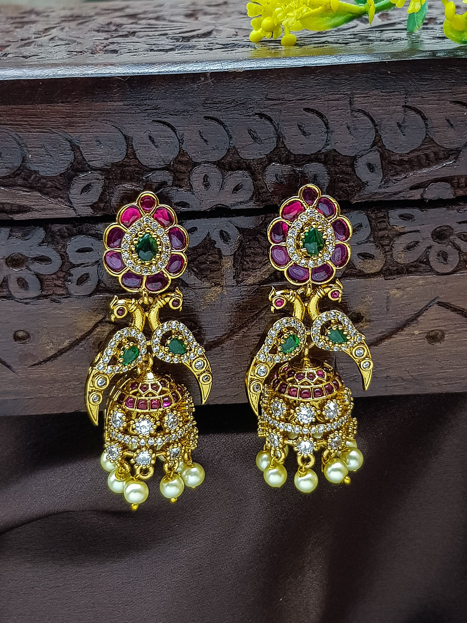Premium gold plated Antique Jhumki / Earring with Kemp Stones