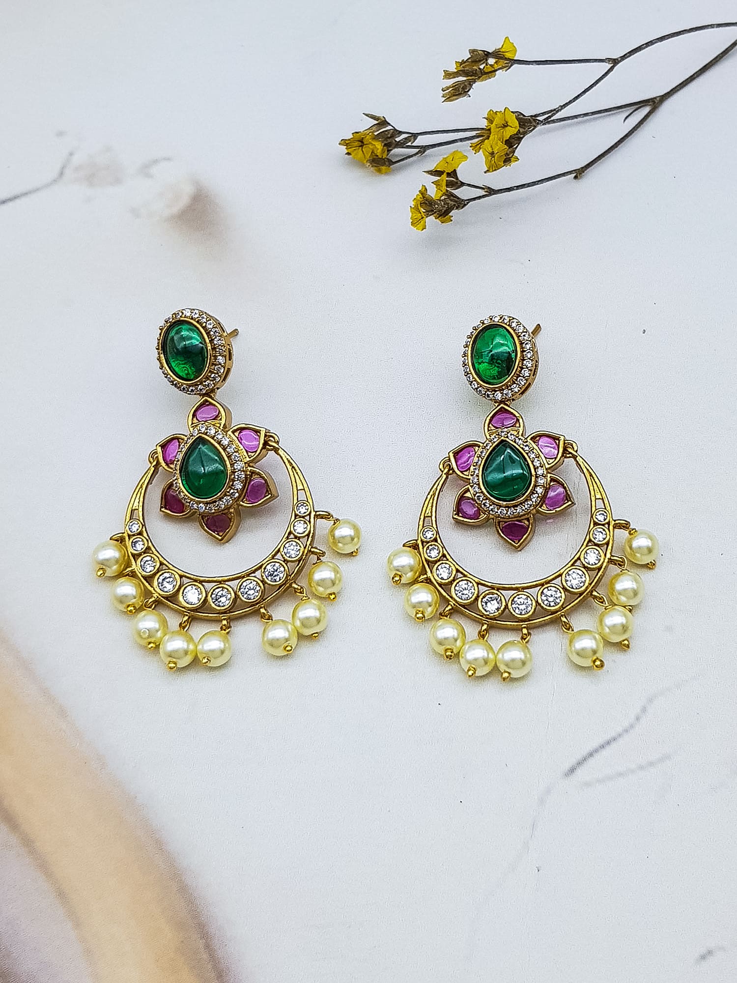 Premium gold plated Antique Jhumki / Earring with Kemp Stones