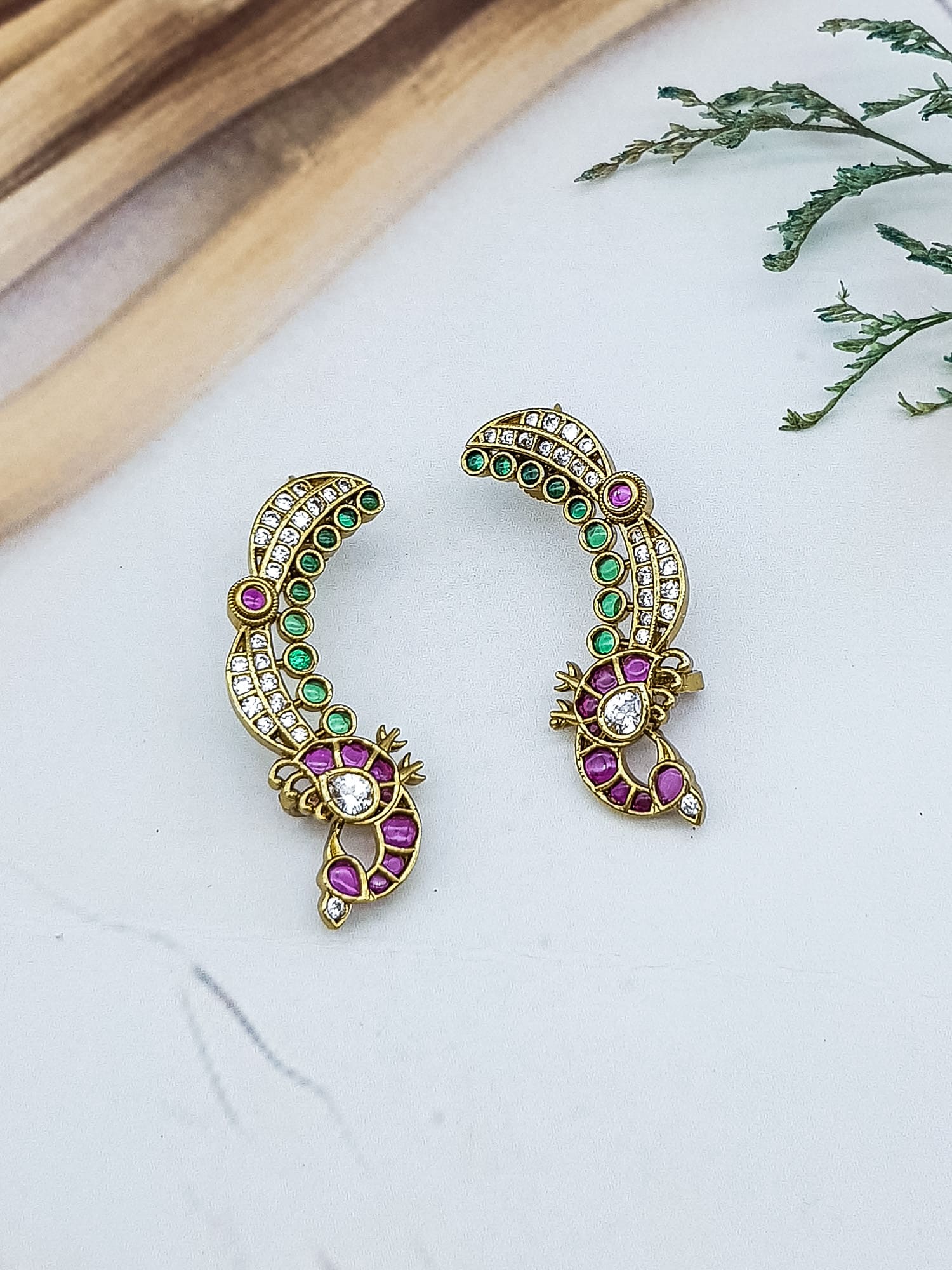 Premium gold plated Antique Jhumki / Earring with Kemp Stones