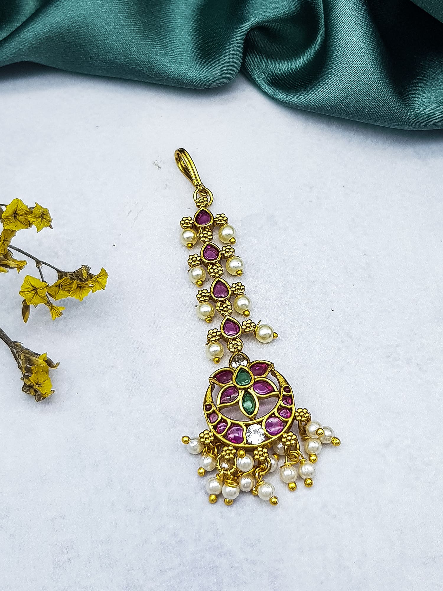 Gold Plated Premium Antiue Tikka with AD Stones