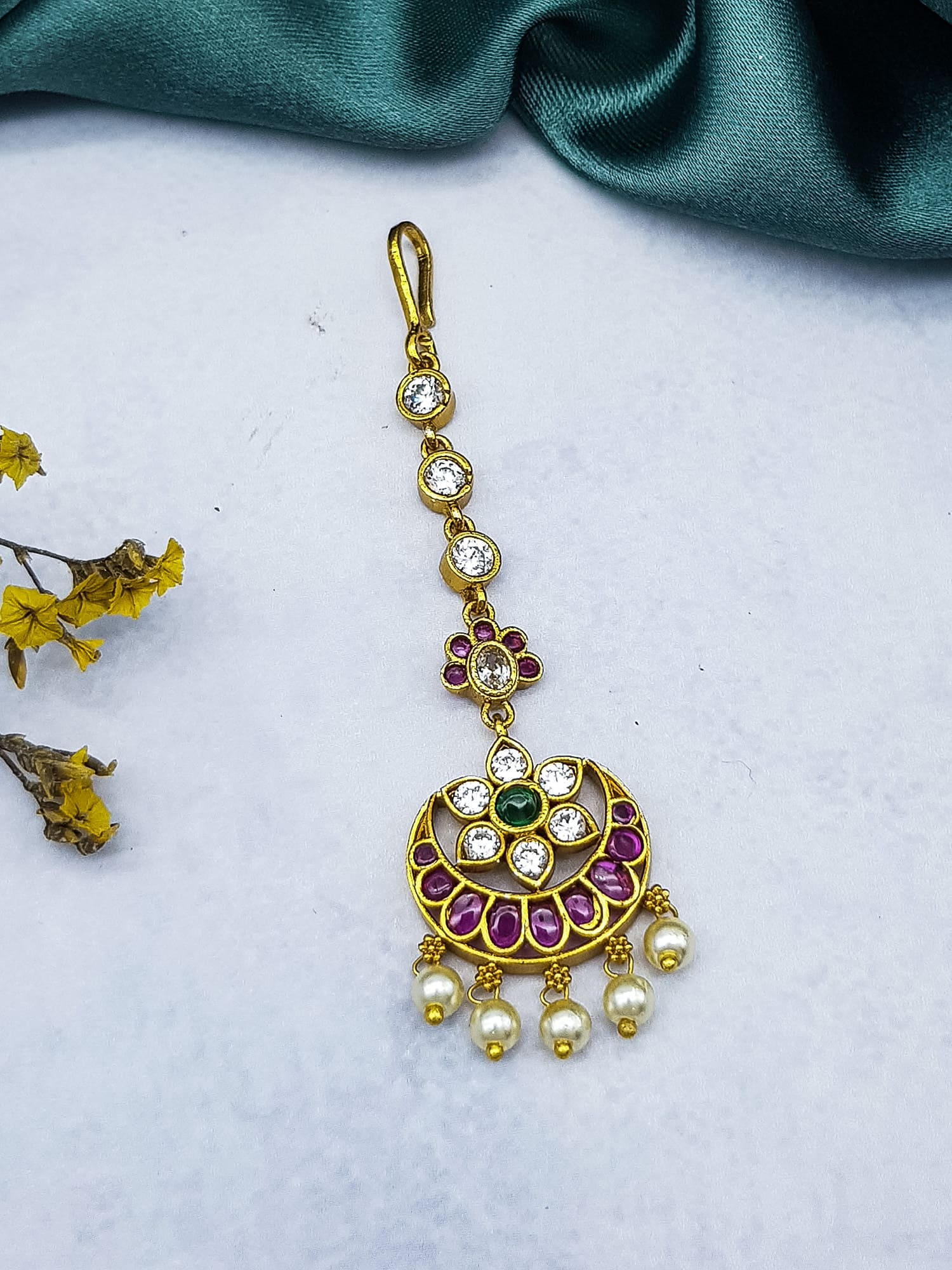 Gold Plated Premium Antiue Tikka with Kemp Stones