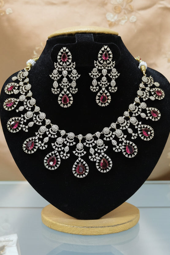 Gold Plated Premium Red Ruby Like AD Necklace Set
