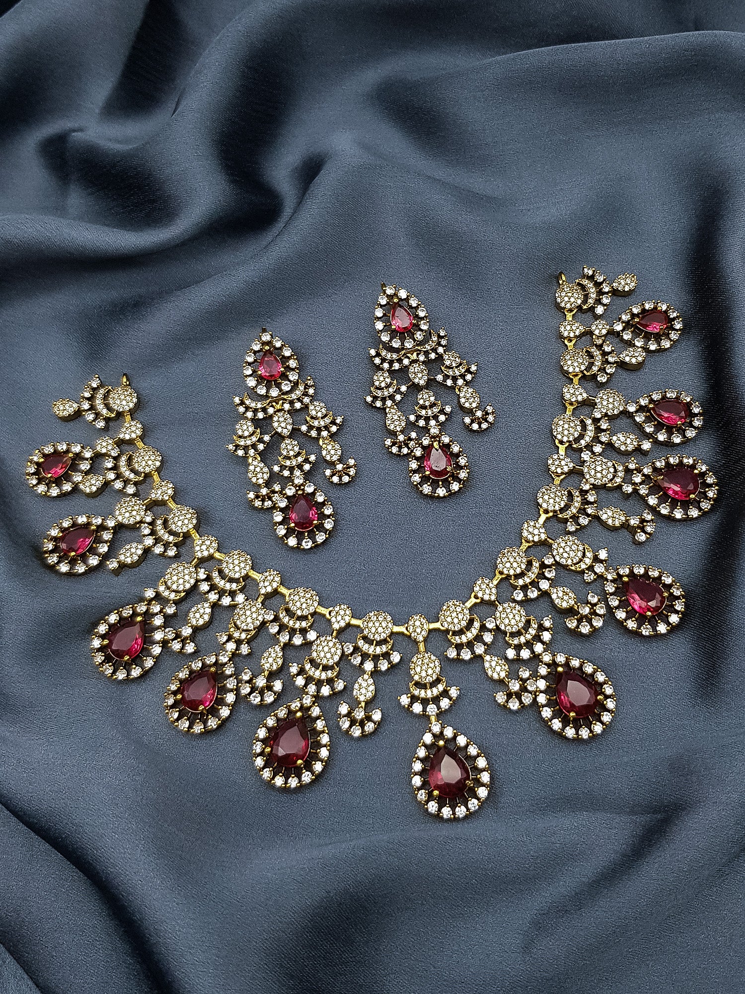 Gold Plated Premium Red Ruby Like AD Necklace Set