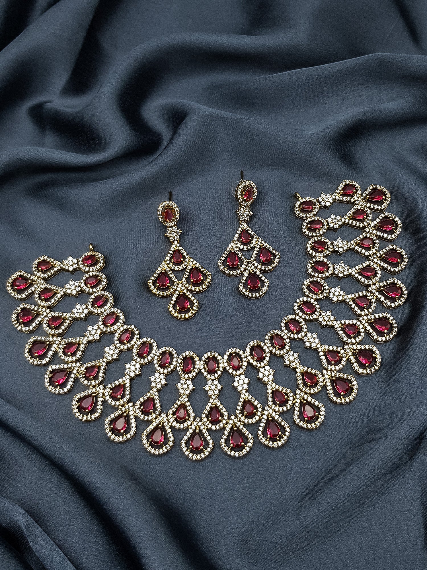 Gold Plated Premium Red Ruby Like AD Necklace Set