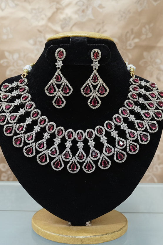 Gold Plated Premium Red Ruby Like AD Necklace Set