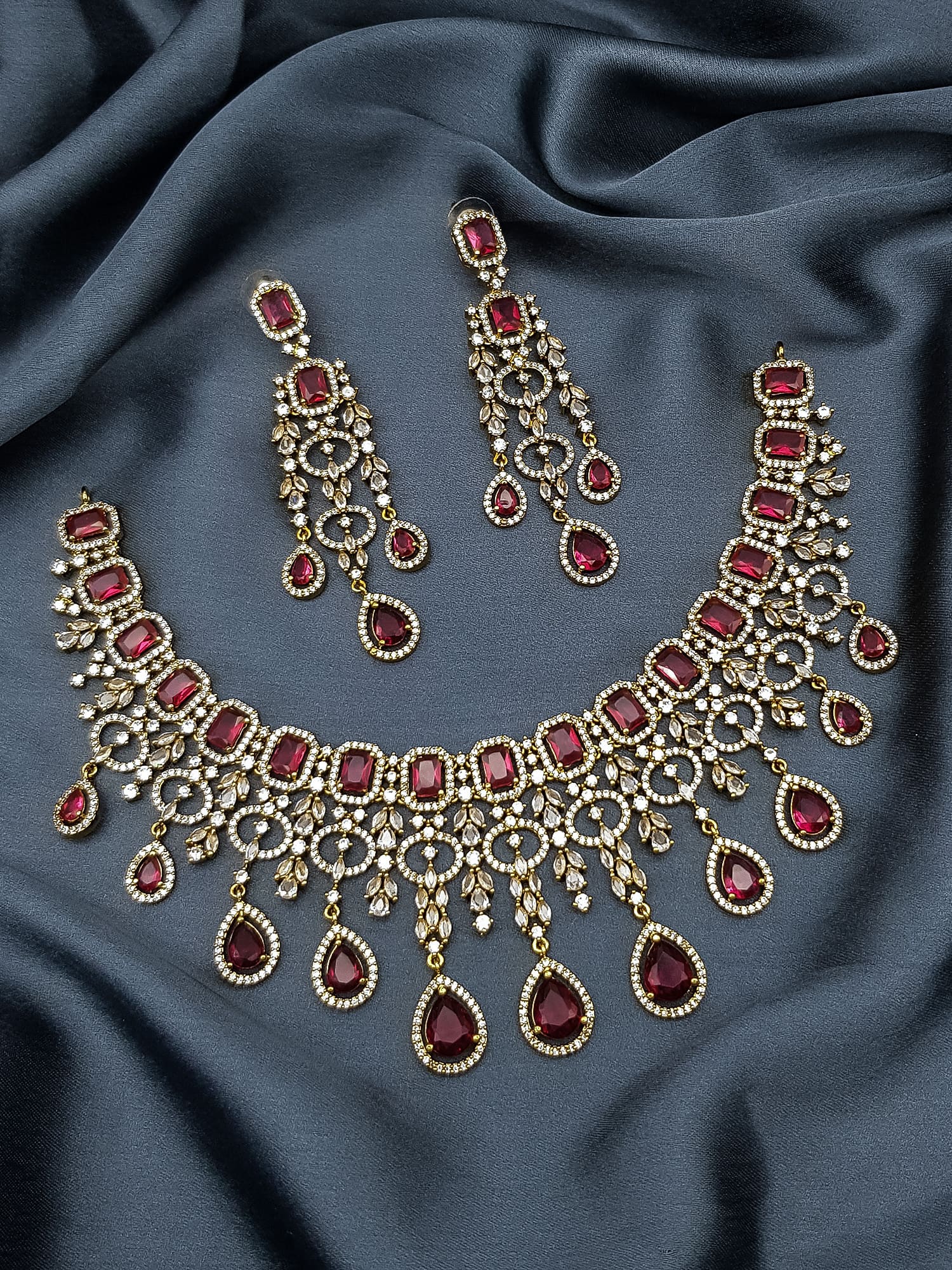 Gold Plated Premium Red Ruby Like AD Necklace Set