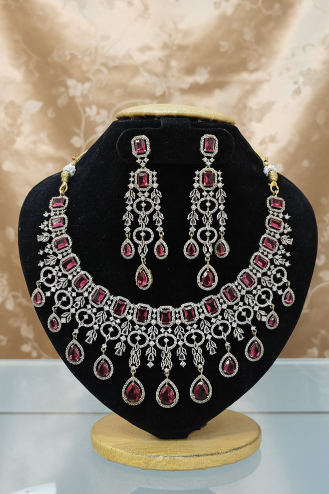 Gold Plated Premium Red Ruby Like AD Necklace Set