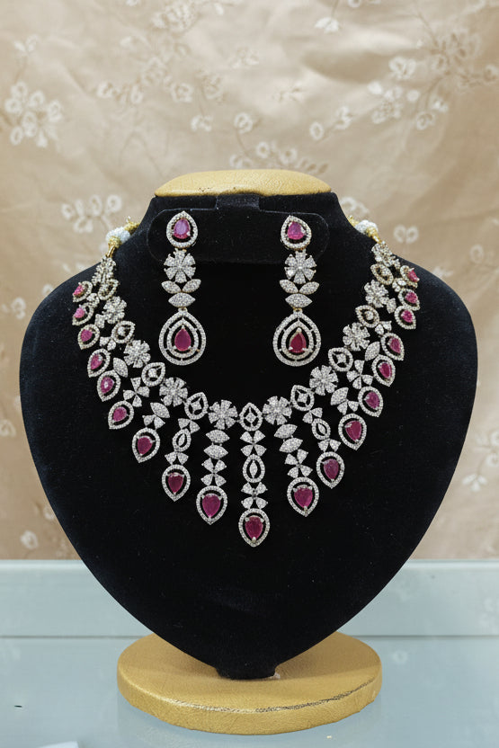 Gold Plated Premium Red Ruby Like AD Necklace Set