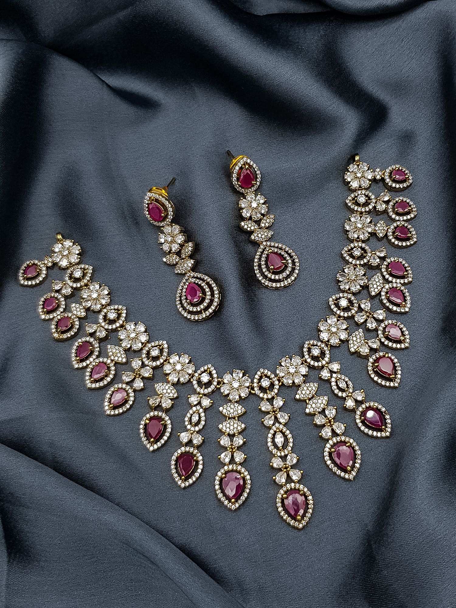 Gold Plated Premium Red Ruby Like AD Necklace Set