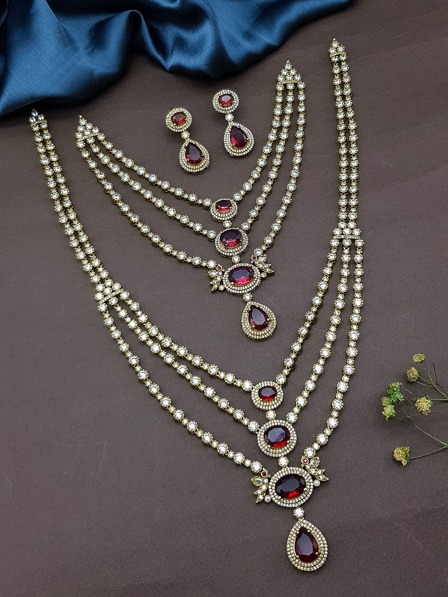 Gold Plated Ruby RED Combo AD Necklace Set short/long