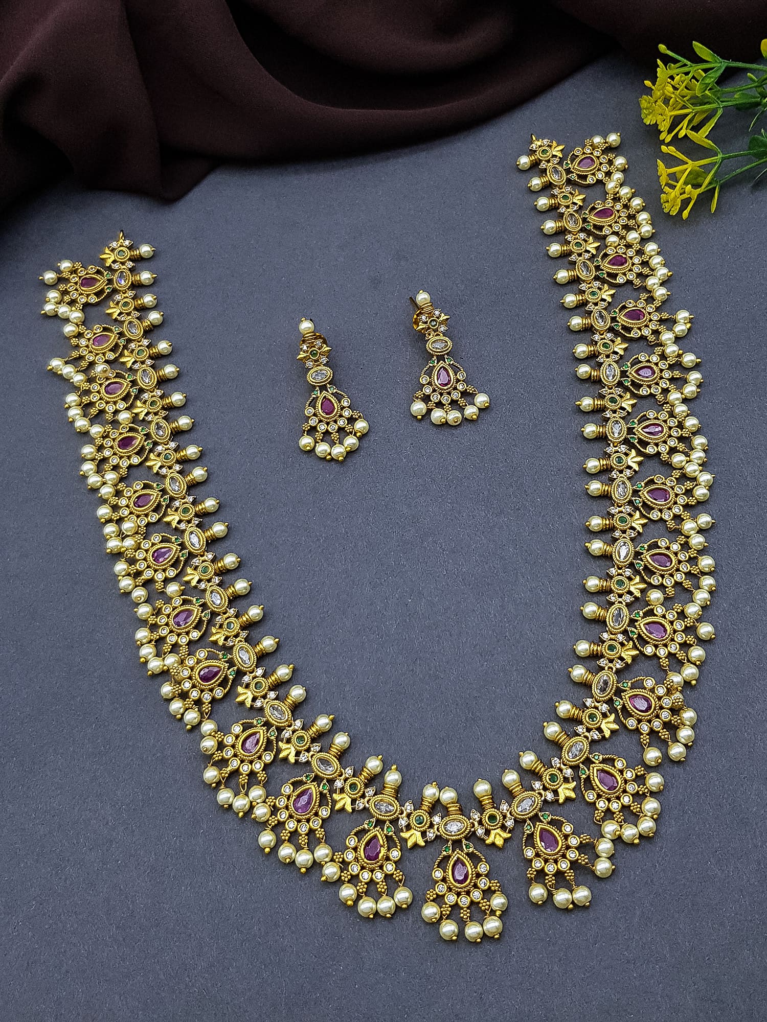 Gold Plated Premium CZ Necklace Set short/long gotipusulu