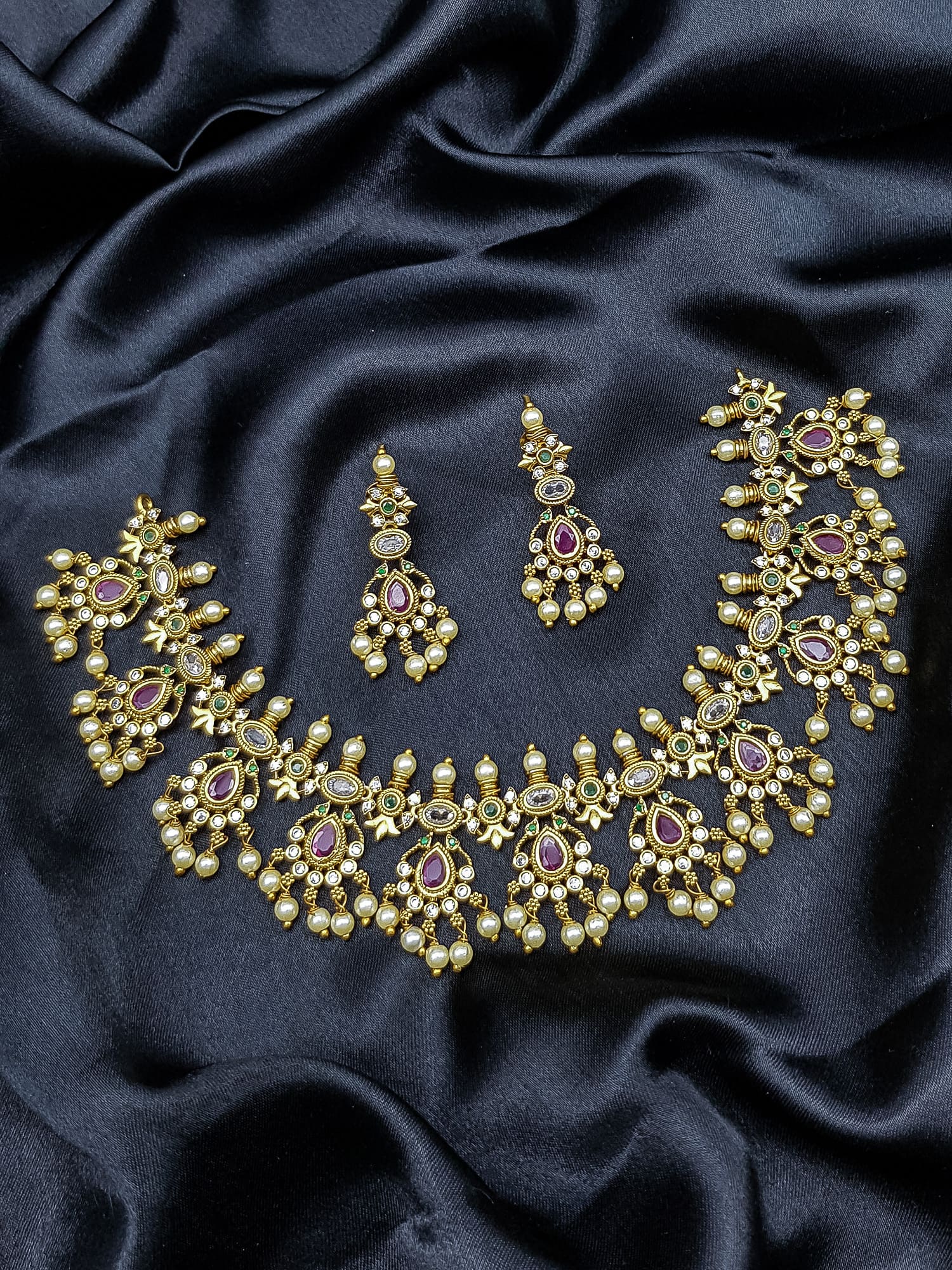 Gold Plated Premium CZ Necklace Set short/long gotipusulu
