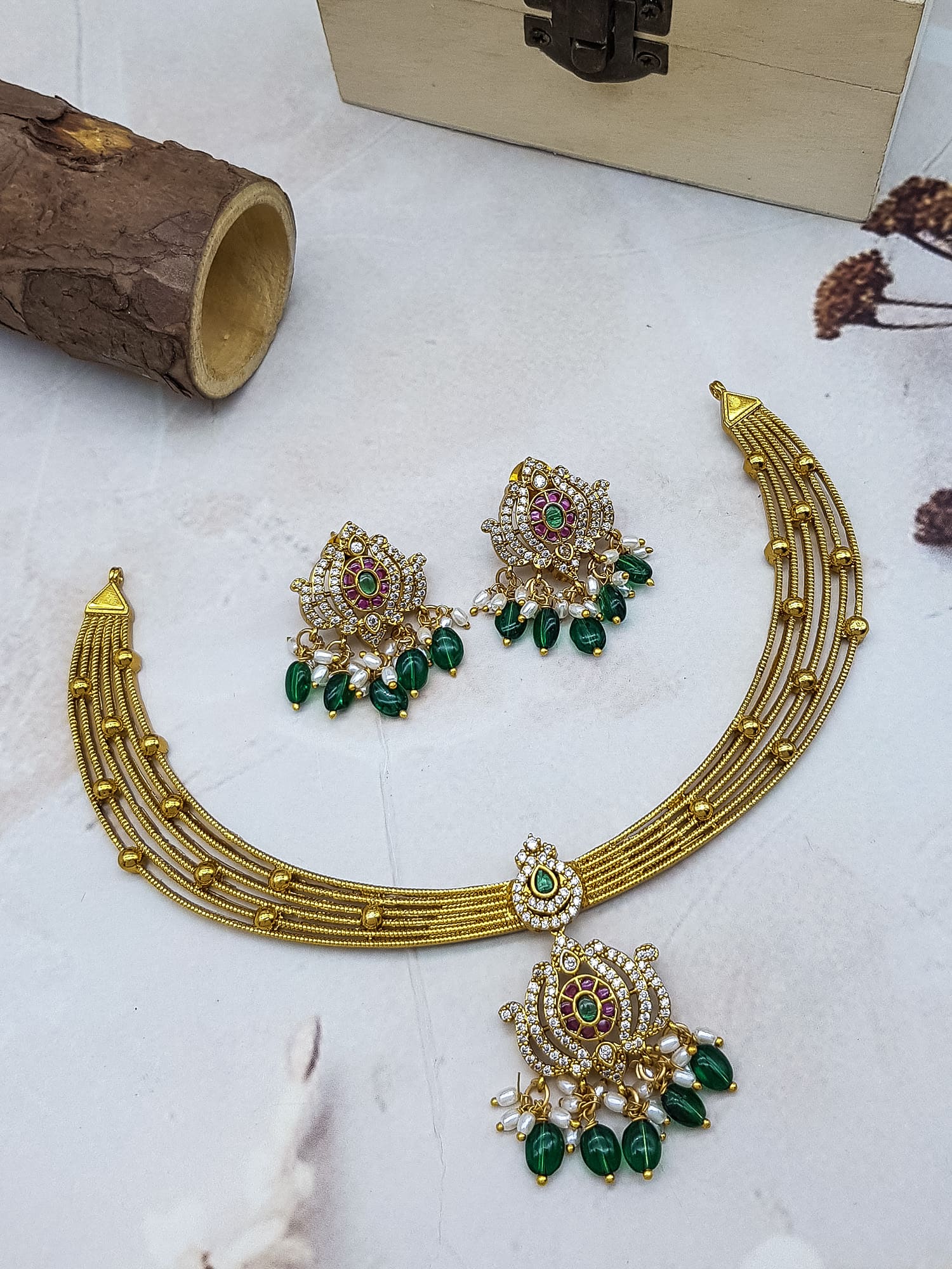 Gold Plated Premium Hasli Pattern AD Necklace Set