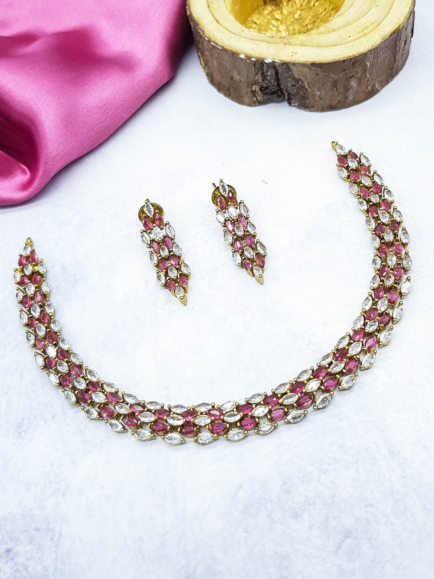 Premium Gold Plated CZ Neklace Set Hasli Pattern