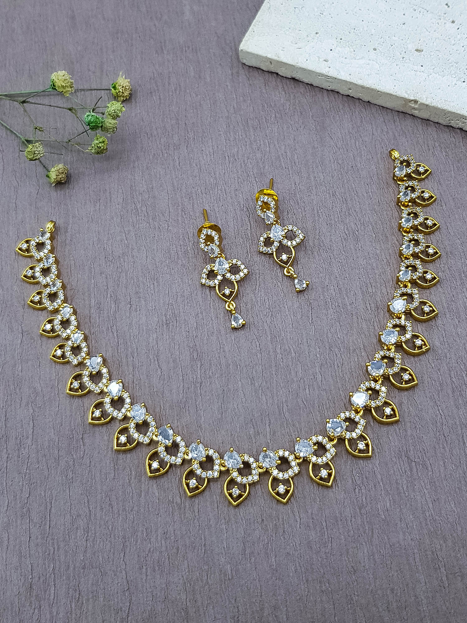 Premium Gold Plated Short CZ Necklace Set