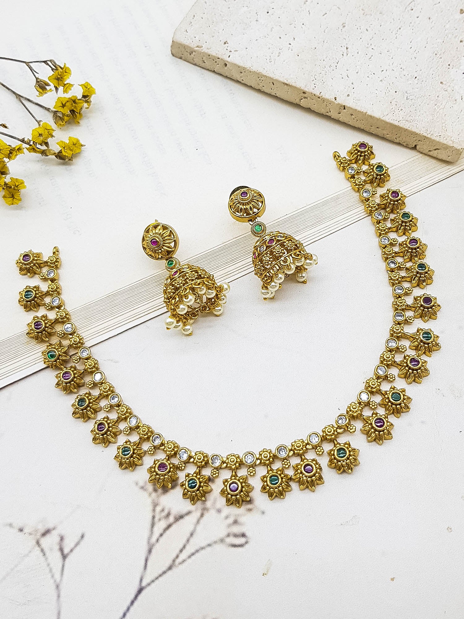 Premium Gold Plated Short temple design Necklace Set