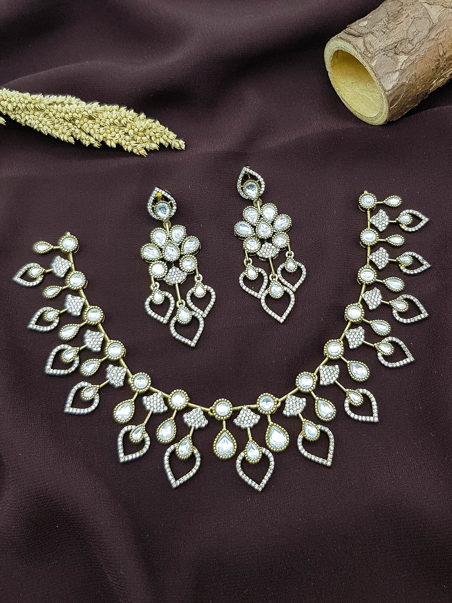 Premium Gold Plated CZ Neklace Set with Mossanite Stone