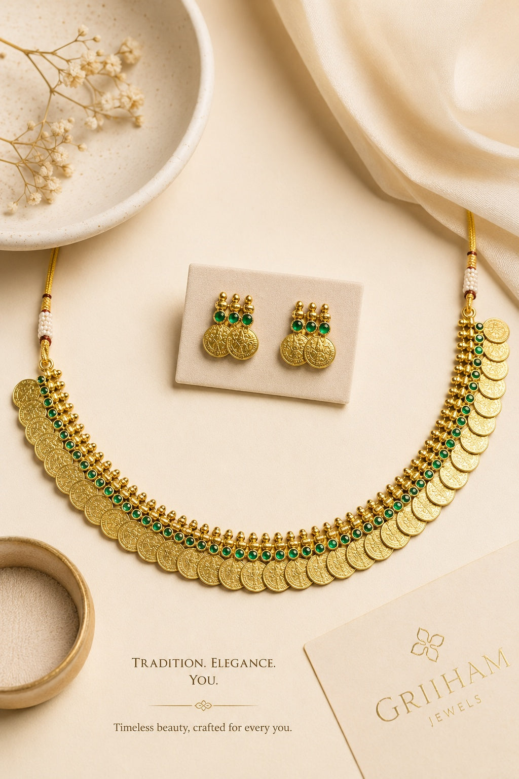 Premium Kasu short necklace set with Green Stones