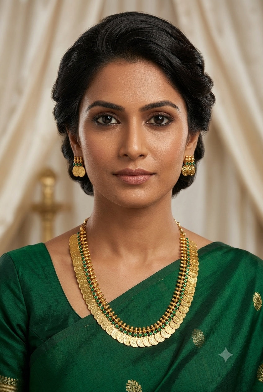 Premium Kasu short necklace set with Green Stones