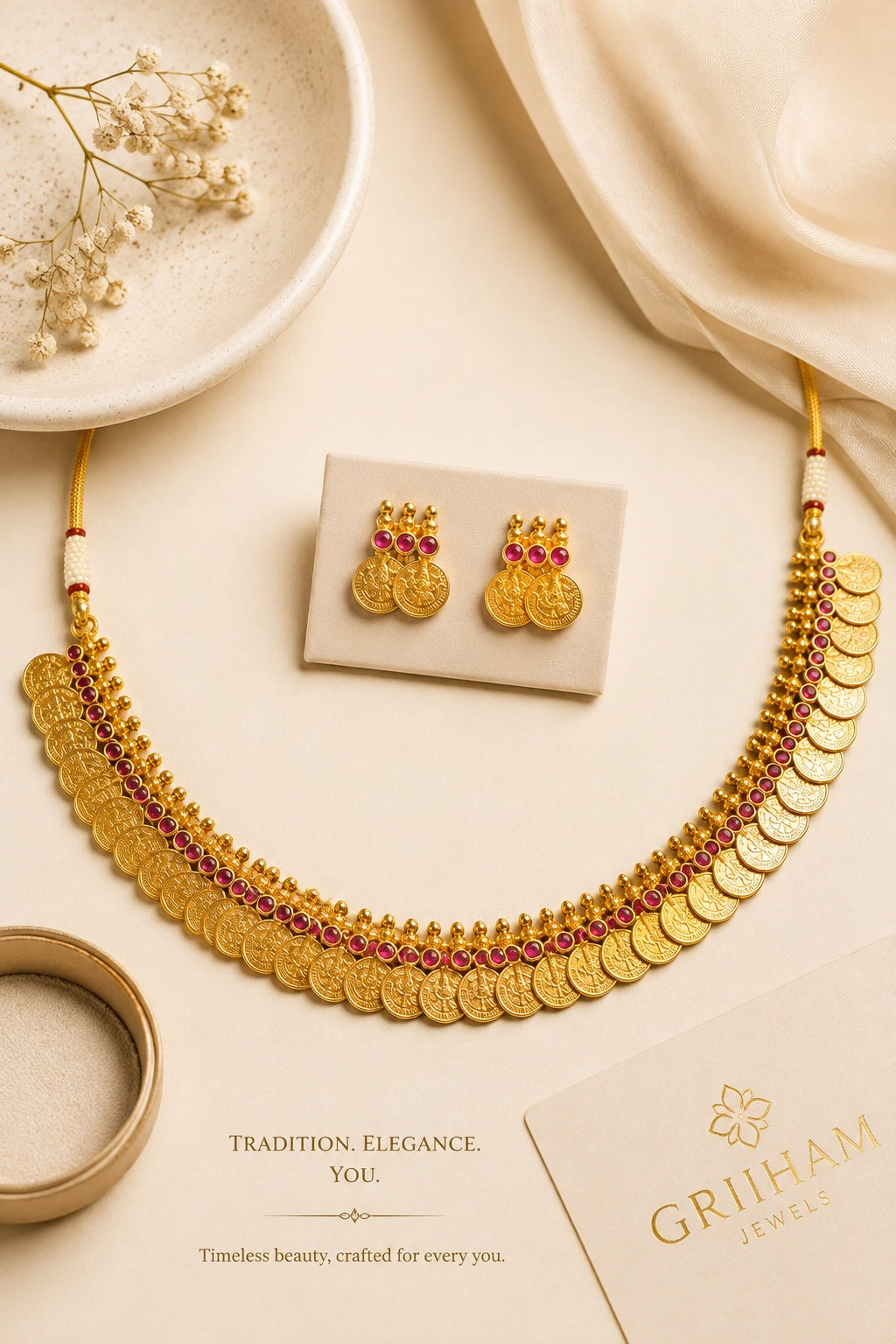 Premium Kasu short necklace set with Red Stones