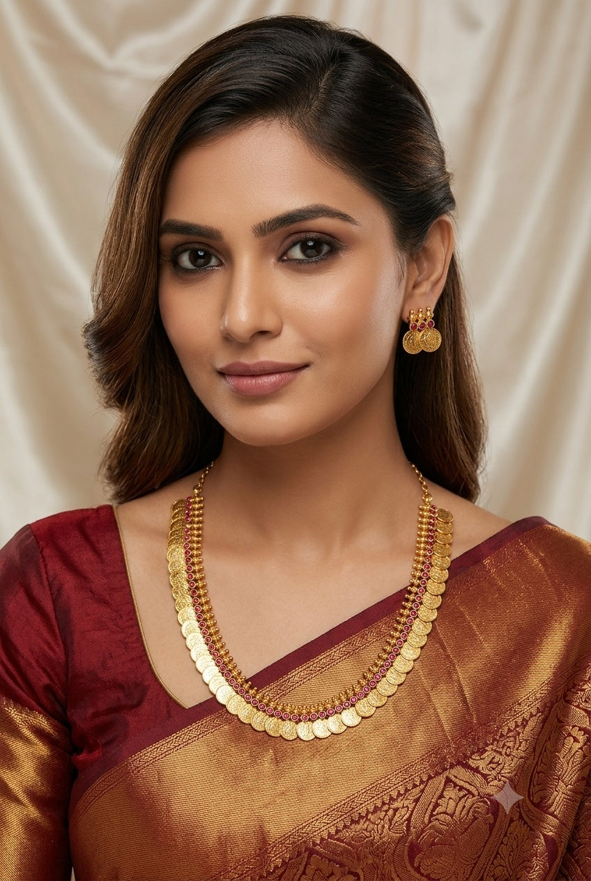 Premium Kasu short necklace set with Red Stones