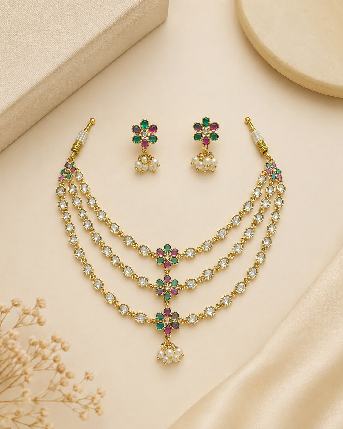 premium 3 layers CZ Short Necklace Set