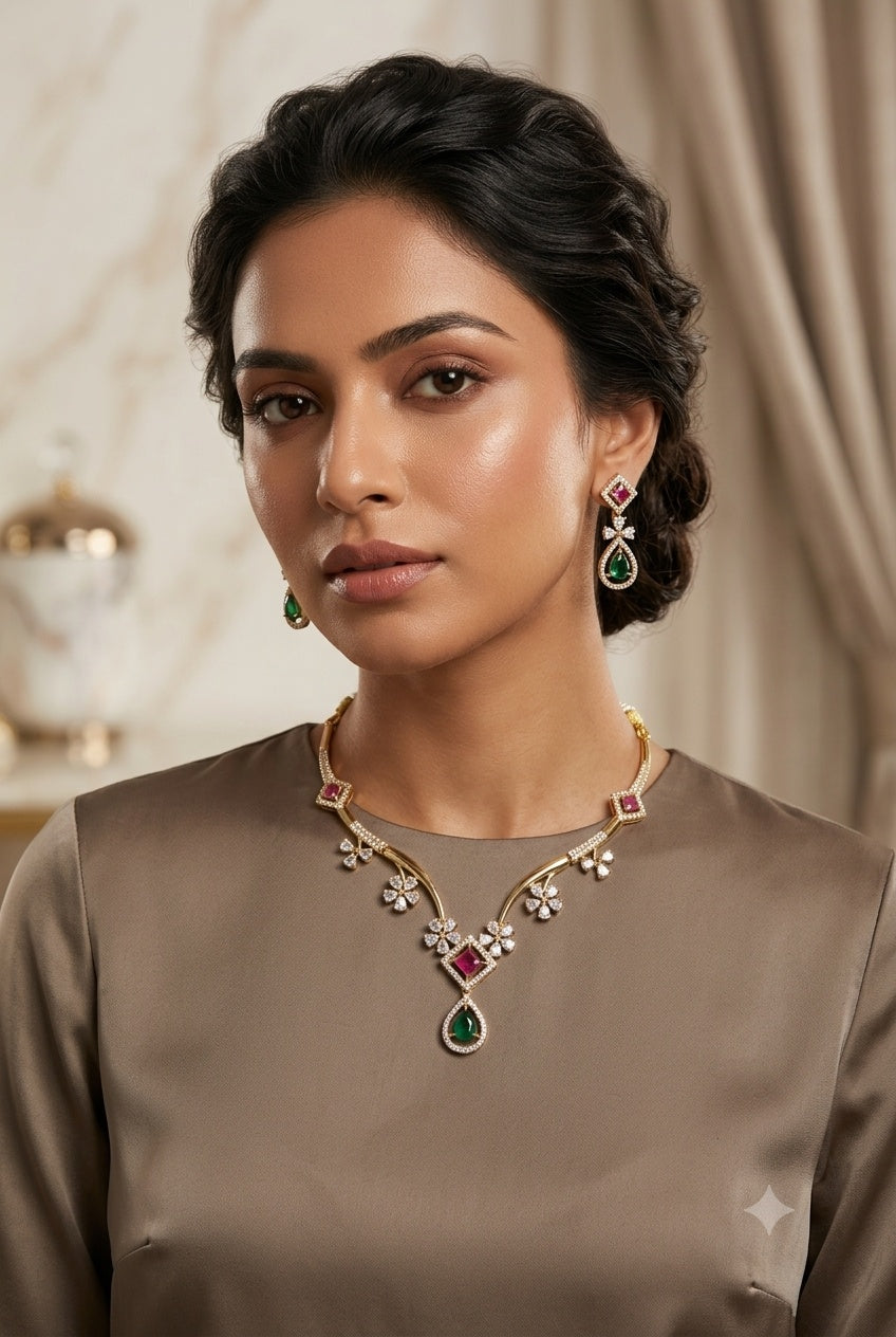Premium Multicolour CZ Necklace Set pipe type