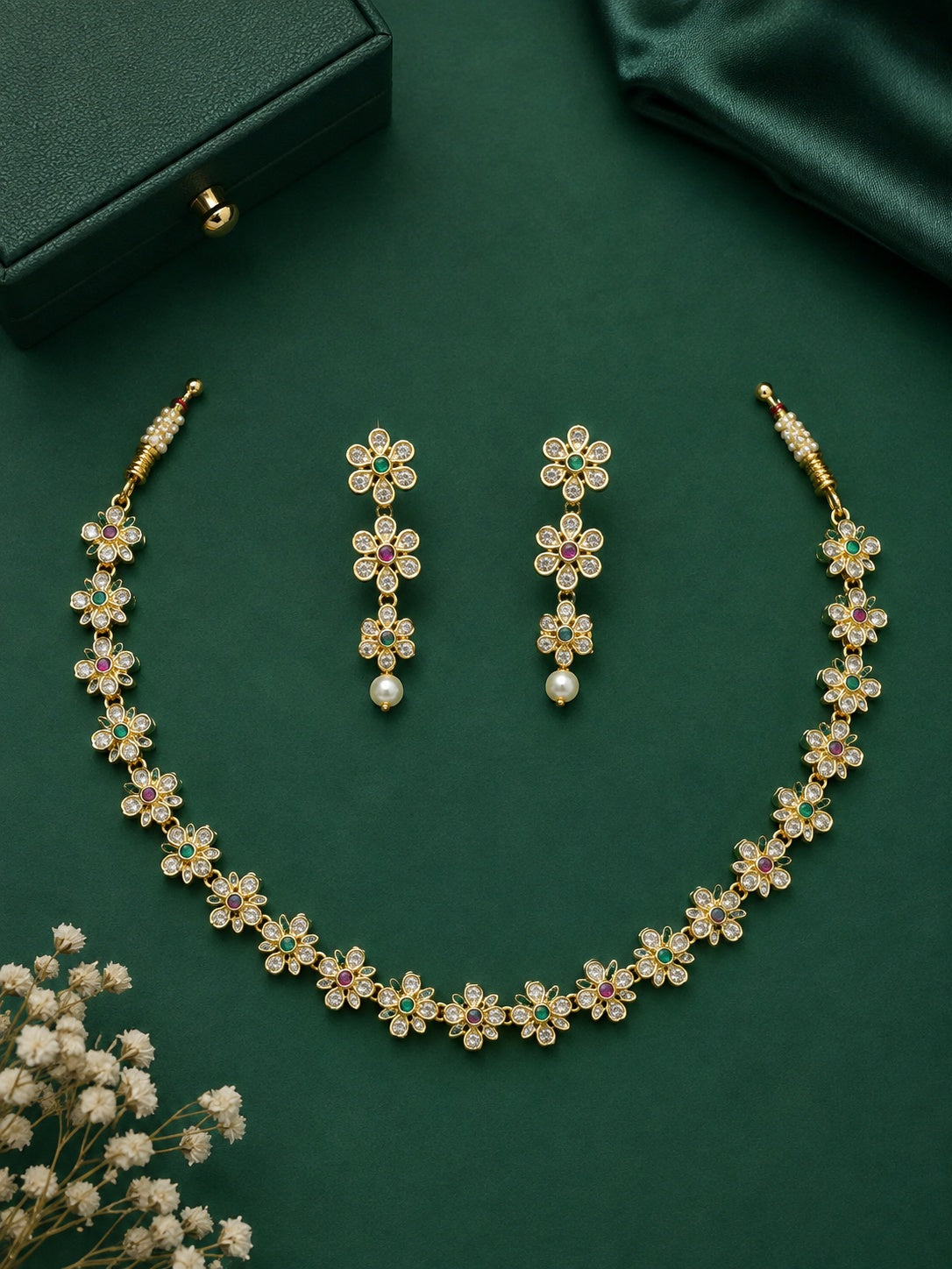 Premium Half CZ Floral Multicolour Necklace Set