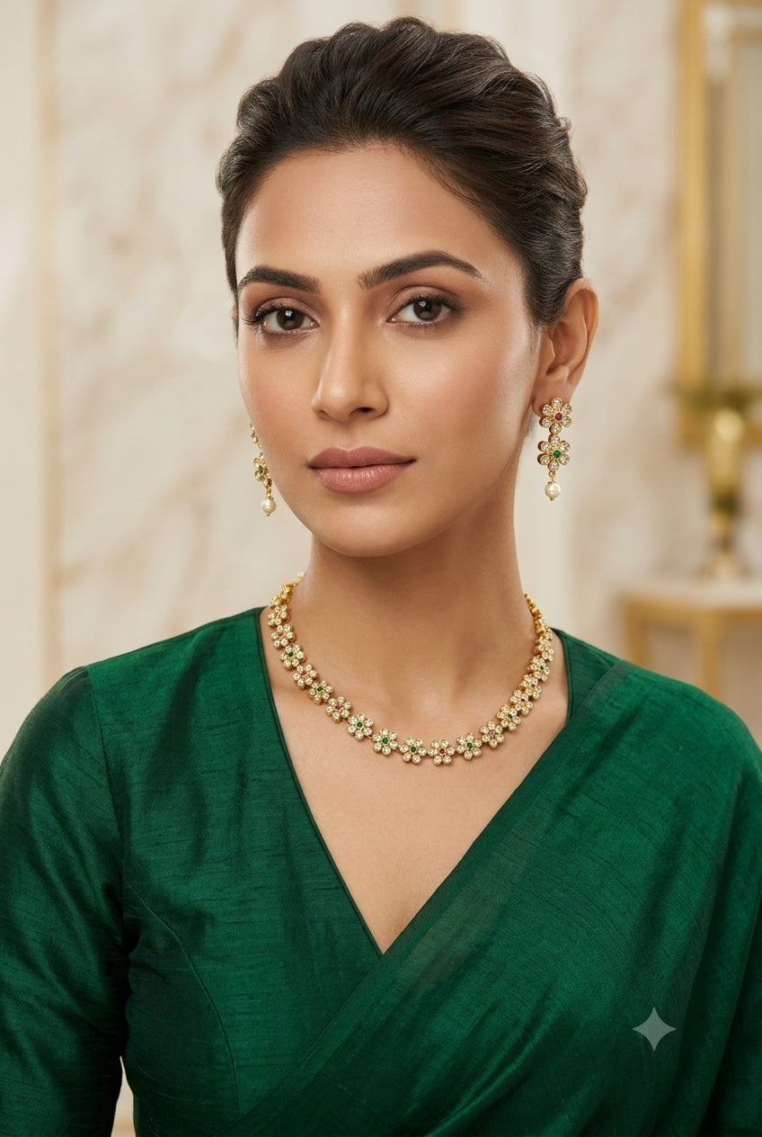 Premium Half CZ Floral Multicolour Necklace Set