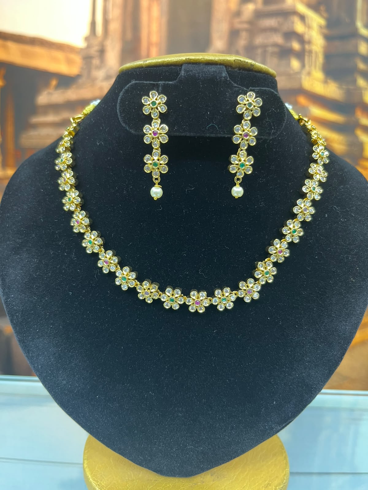 Premium Half CZ Floral Multicolour Necklace Set