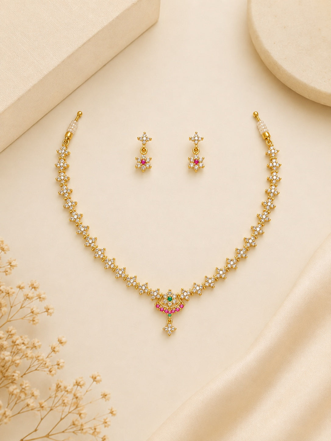 Premium CZ Short necklace Set in with red stones
