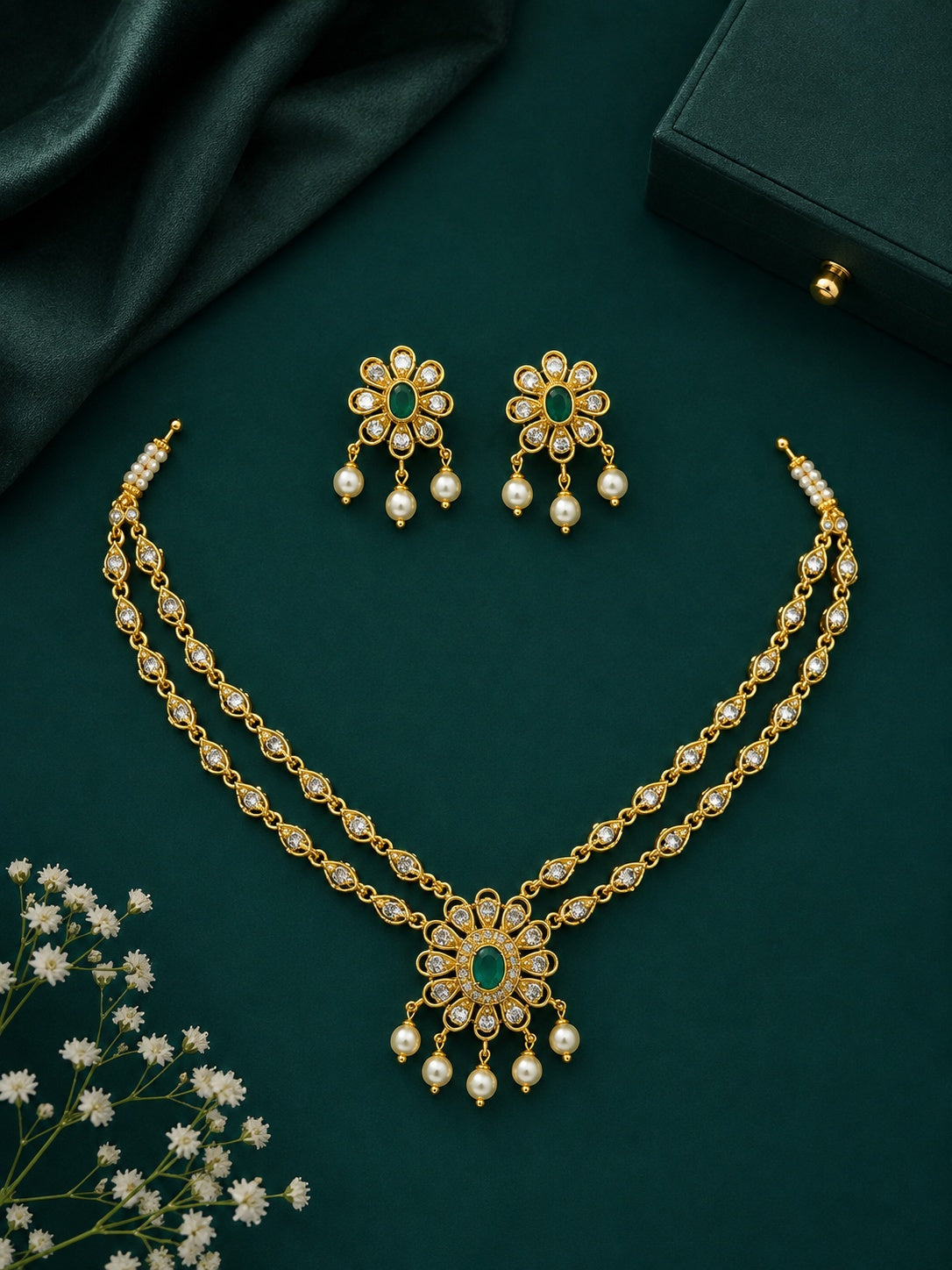 premium CZ Short necklace set with green stones