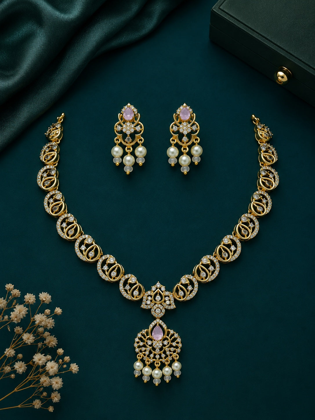 premium CZ Medium necklace set with pink stones