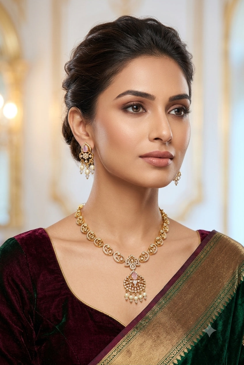 premium CZ Medium necklace set with pink stones