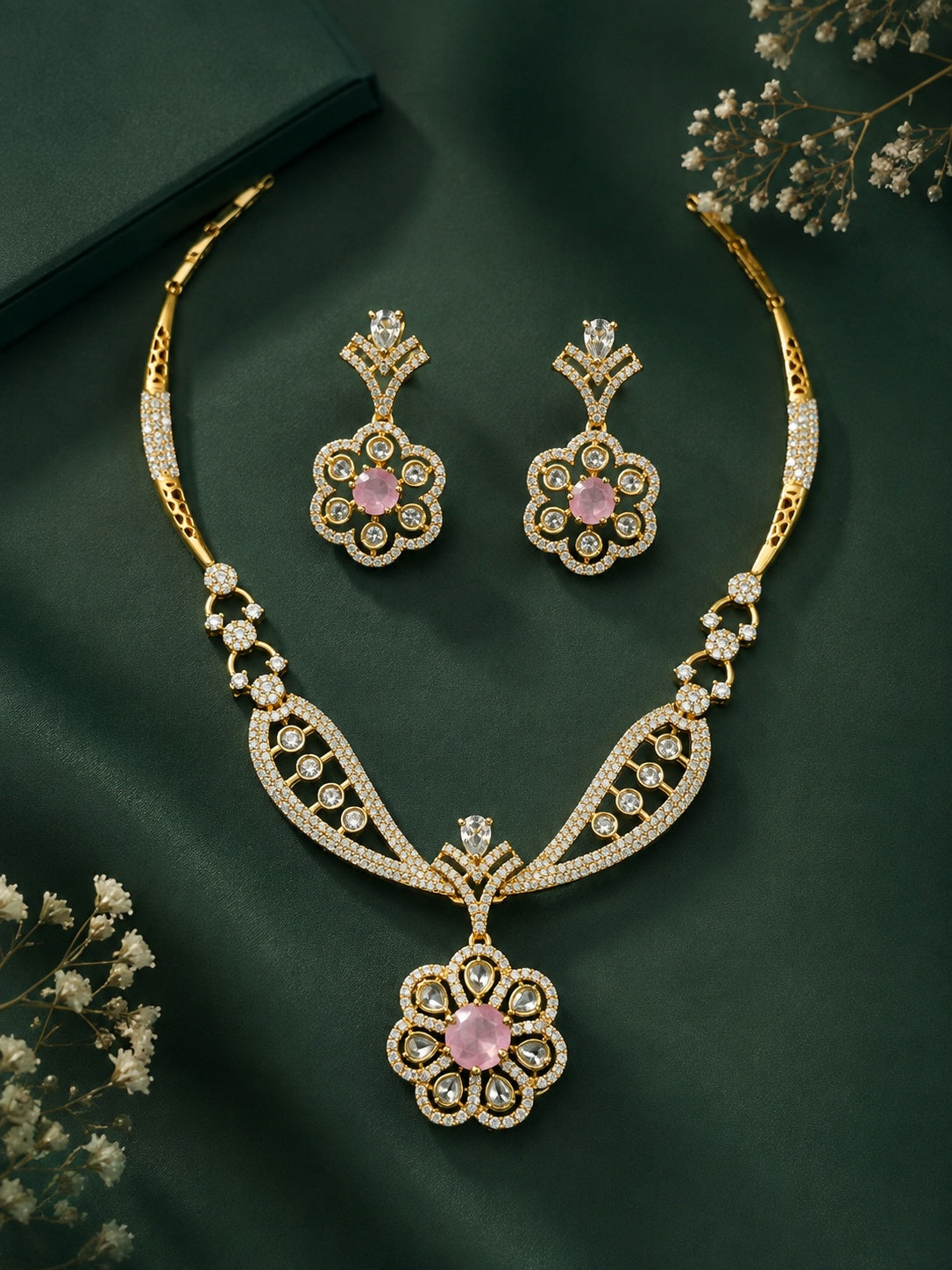 premium CZ Medium necklace set with pink stones