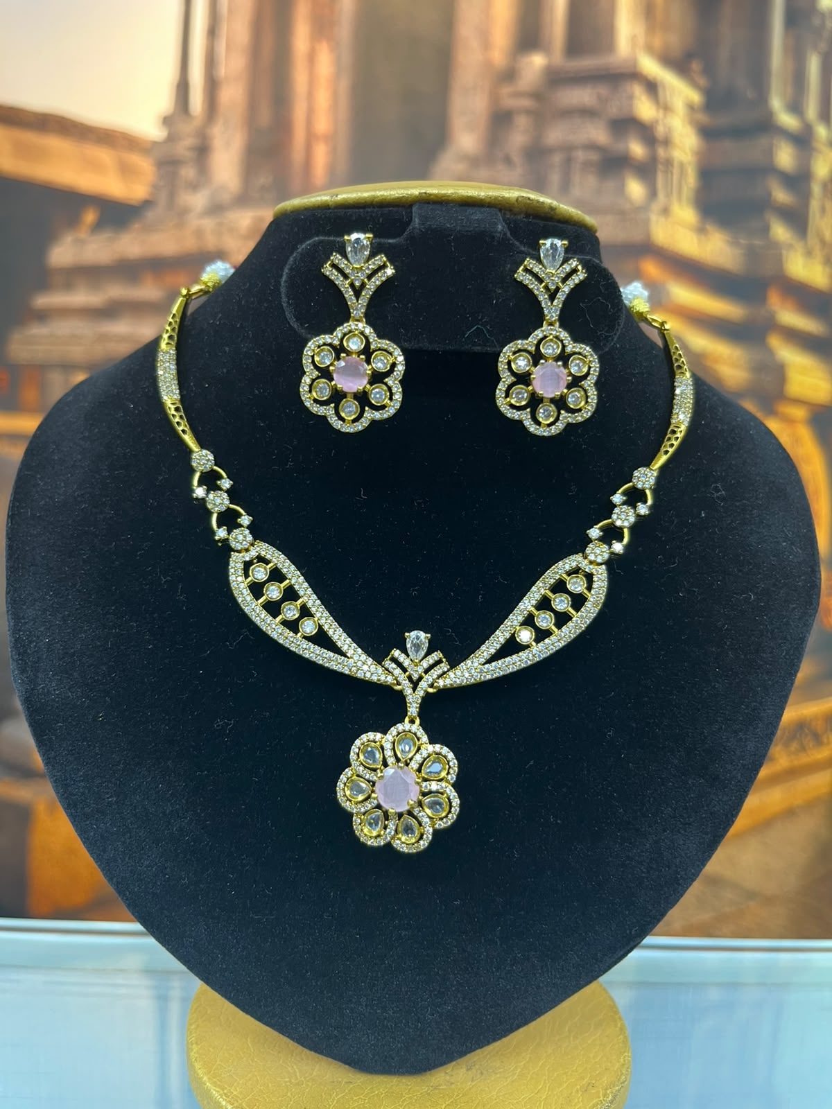 premium CZ Medium necklace set with pink stones