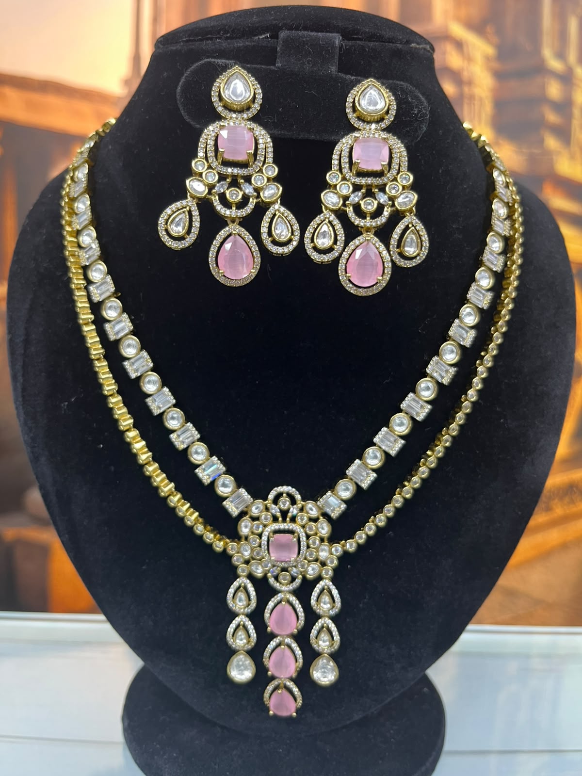2 Layers Victorian AD Stone Long Necklace Set