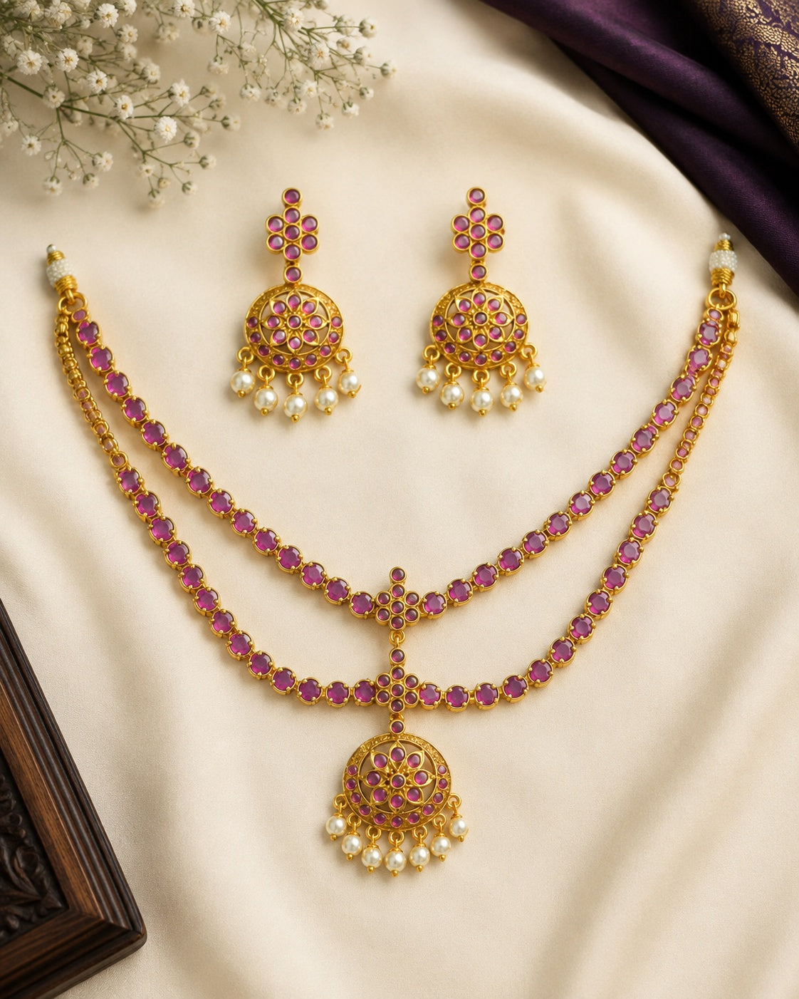 2 Layers Ruby red Stones short Necklace set