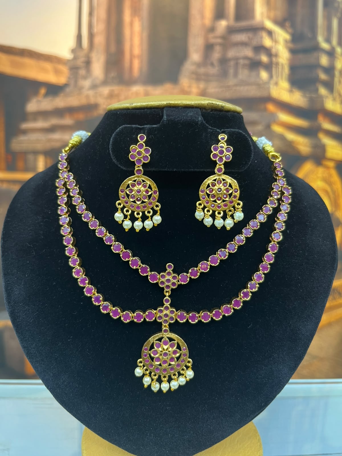 2 Layers Ruby red Stones short Necklace set