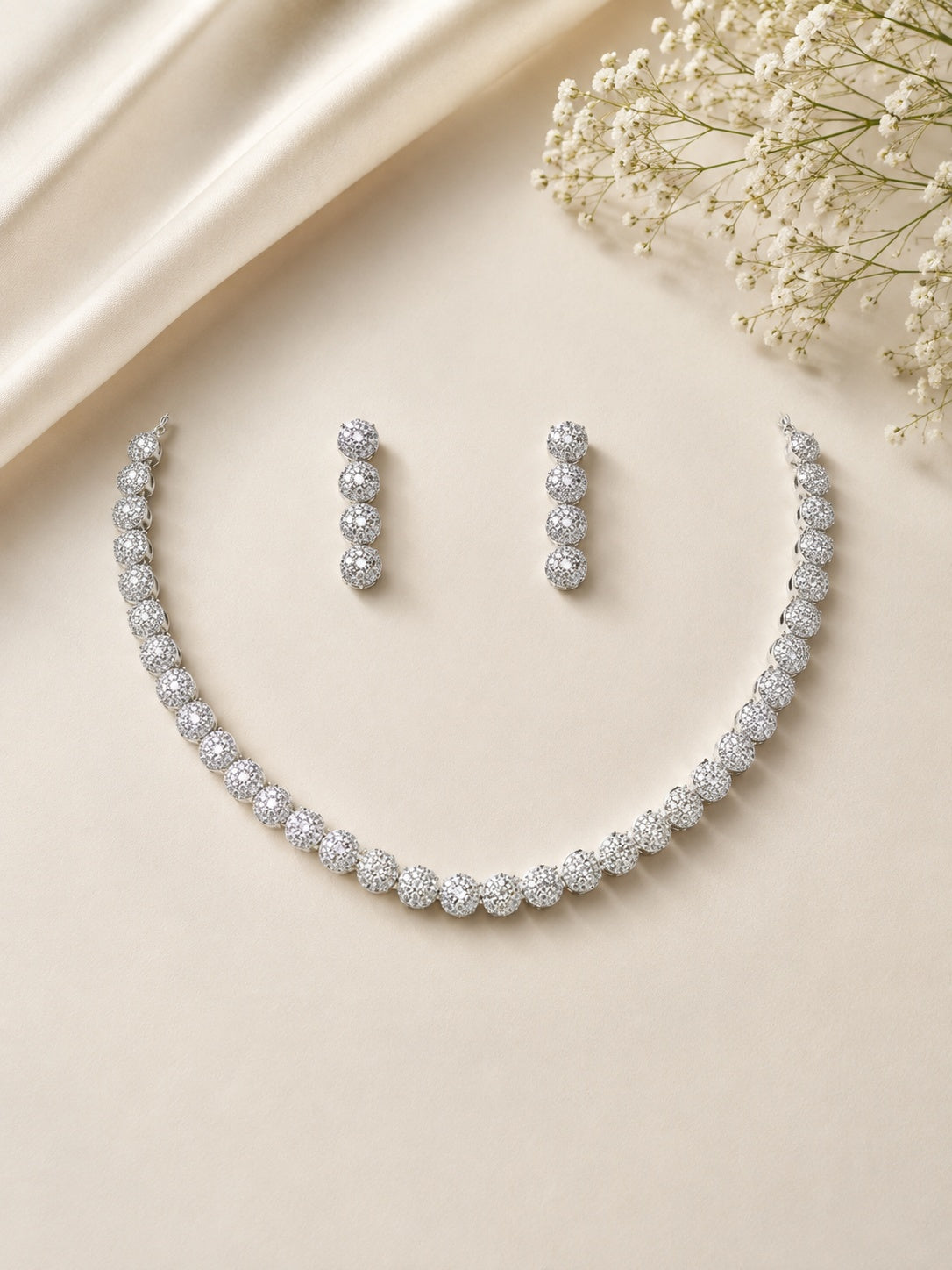 White Gold Plated Single Layer Stone CZ Necklace Set