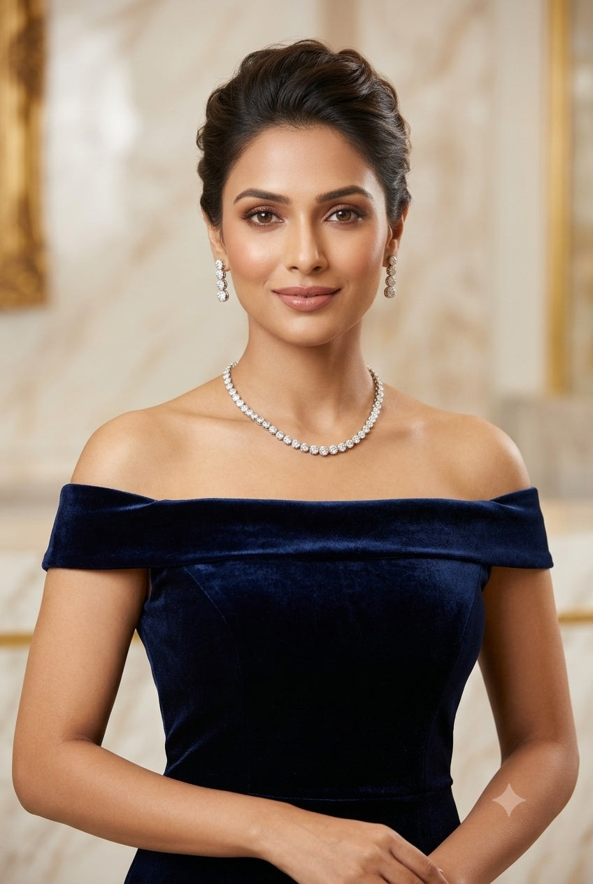 White Gold Plated Single Layer Stone CZ Necklace Set