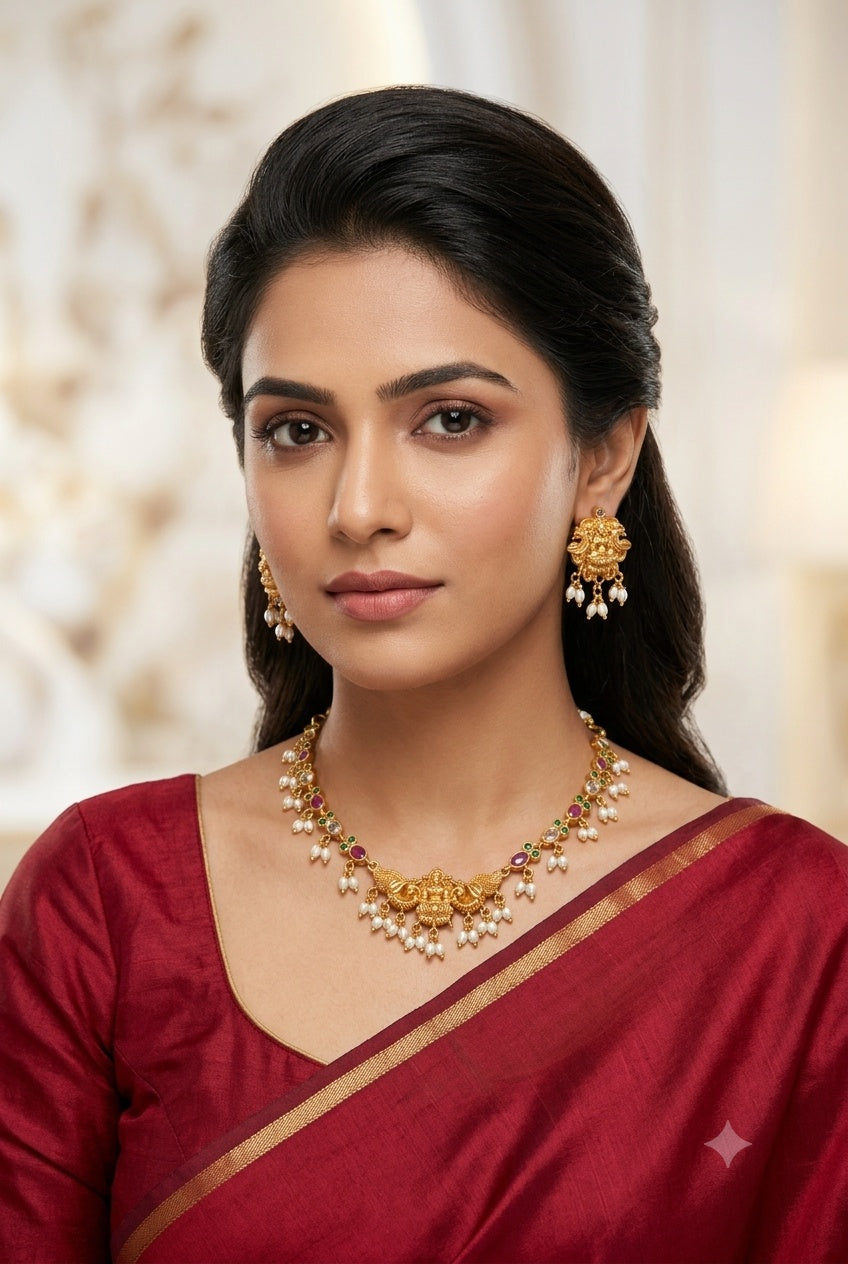 AD Short Necklace Set with Antique Finish