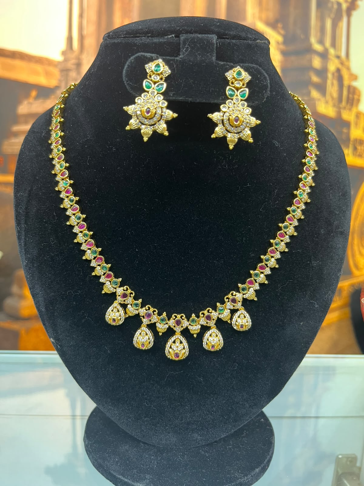 Long AD Necklace Set Antique Finish
