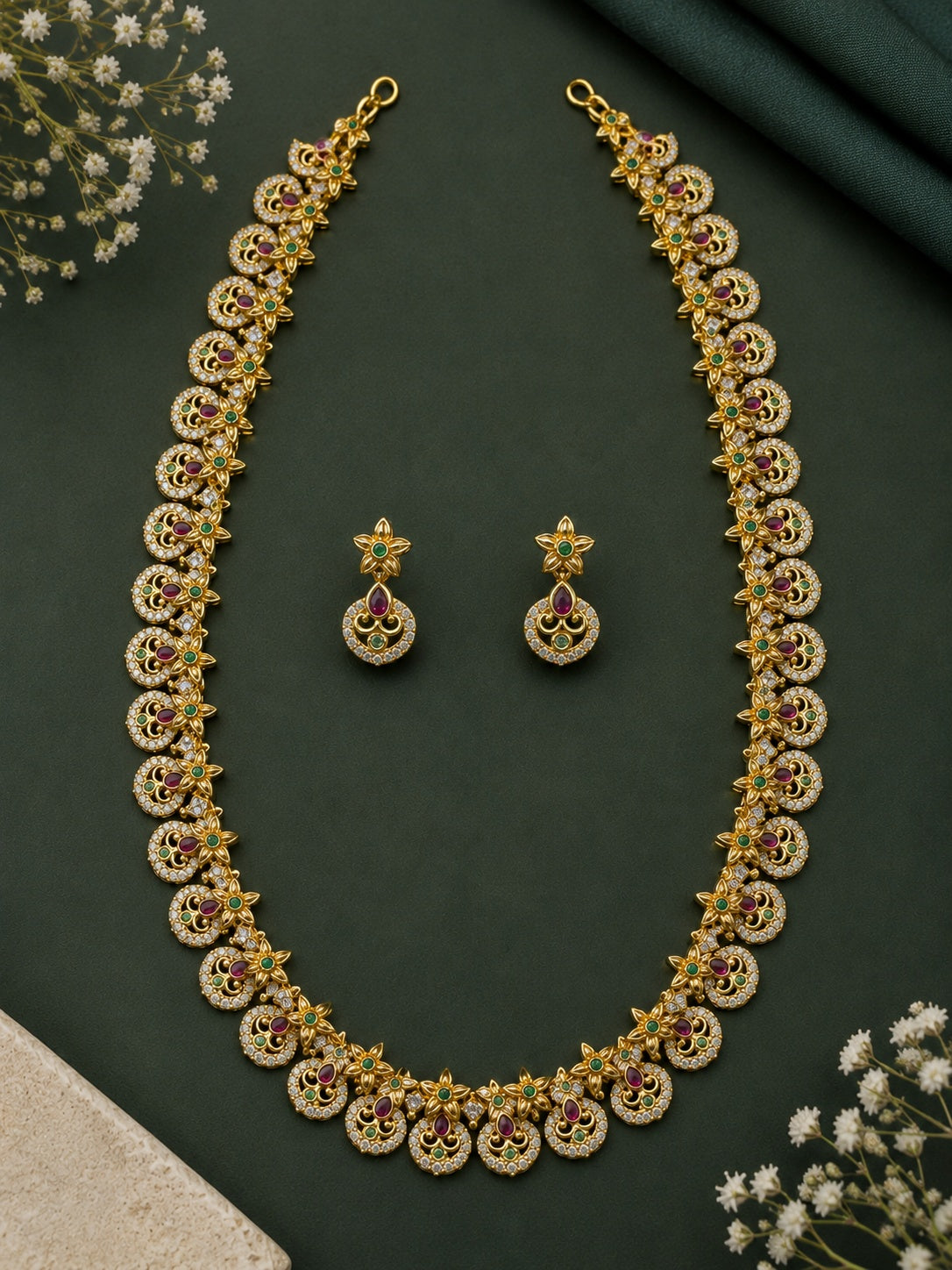 AD Long Necklace Set with Antique Finish